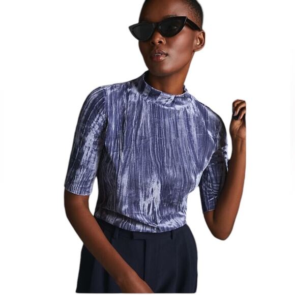 Pilcro Anthropologie Crushed Velvet Velveteen Mock Neck Top Slate Blue, size M - Picture 1 of 8